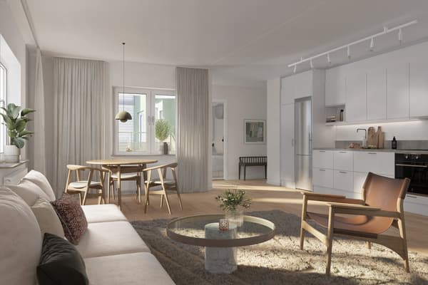 Bostäderna är yteffektiva med smarta lösningar (visionsbild).