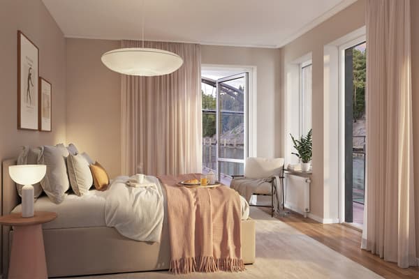 Vilsamma sovrum med plats för dubbelsäng (visionsbild).