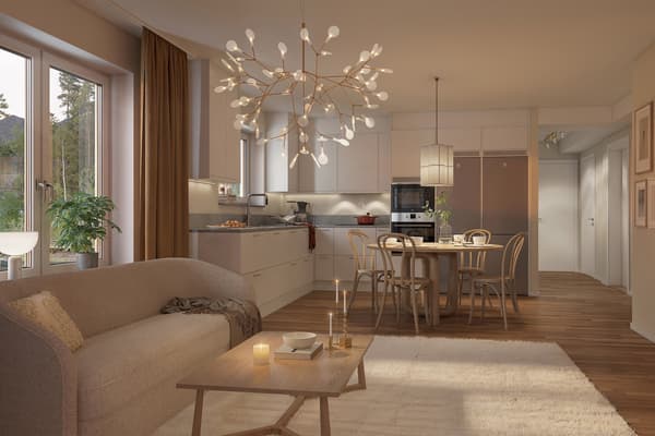 På golven läggs en mattlackad trestavsparkett av ek, väggarnas målas vita och fönsterbänkar består av natursten (visionsbild).