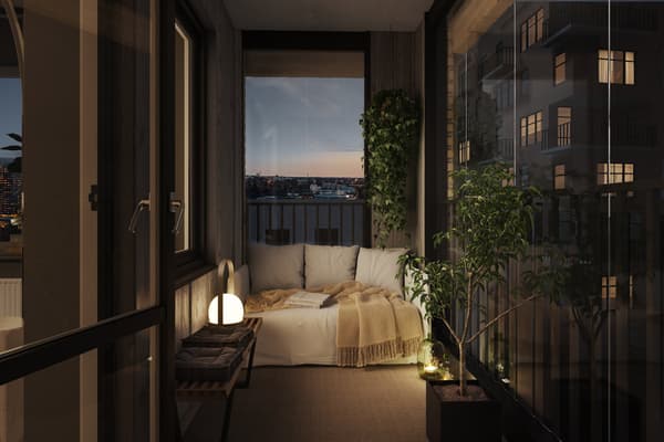 Majoriteten av alla bostäder i kvarteret har balkong (visionsbild).