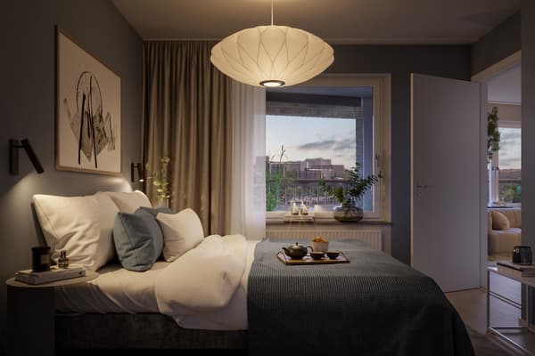 Vilsamt sovrum med sjöutsikt (visionsbild)