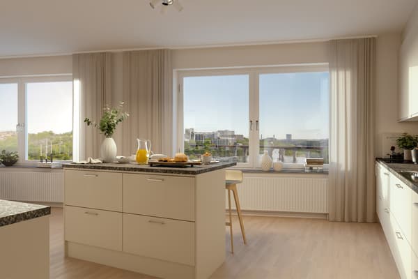 Du möts av vitmålade väggar, fönsterbänkar i grå natursten och vitpigmenterad ekparkett som ger en ljus grund (visionsbild).