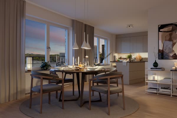 Här bor du i en ljus, välplanerad bostad med ett modernt formspråk och naturliga materialval (visionsbild).