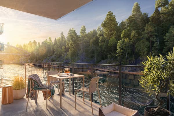 Alla bostäder har balkong, uteplats eller terrass – varav flertalet bjuder på utsikt över Svindersviken (visionsbild från kvarteret, avvikelser kan förekomma).