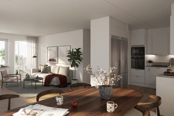 I kvarteret Lotus bygger vi ljusa och välplanerade lägenheter i en lugn del av Söderdalen i Jakobsberg (visionsbild).