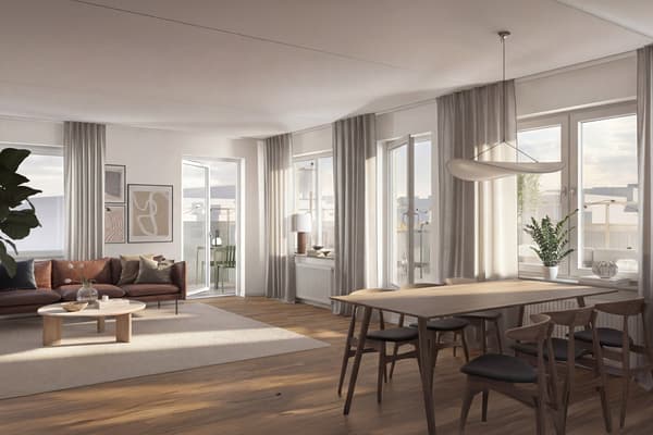 Kvarteret Lotus består av välplanerade ägarlägenheter i naturnära Söderdalen (visionsbild).