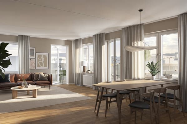 Kvarteret Lotus består av välplanerade ägarlägenheter i gröna Söderdalen (visionsbild).