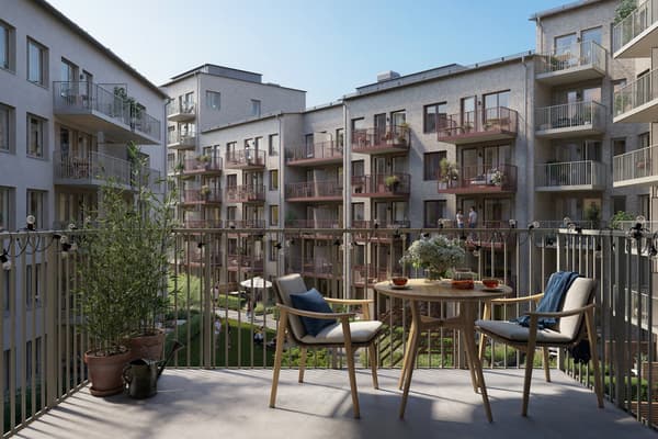 Kvarteret Akva består av nyproducerade ägarlägenheter i den växande stadsdelen Centrala Nacka (visionsbild).