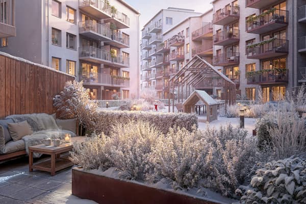 Kvarteret Akva består av nyproducerade ägarlägenheter i den växande stadsdelen Centrala Nacka (visionsbild).