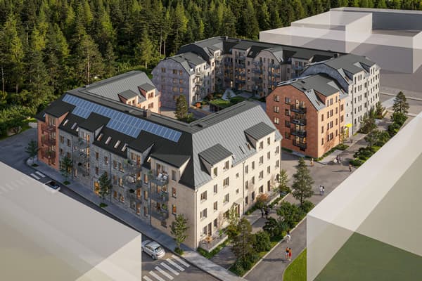 Modernt bostadskvarter vid lummig granskog.