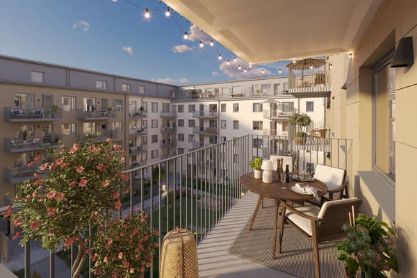 I Kattfoten hittar du nyproducerade lägenheter, de allra flesta med solig balkong, uteplats eller terrass (visionsbild). 