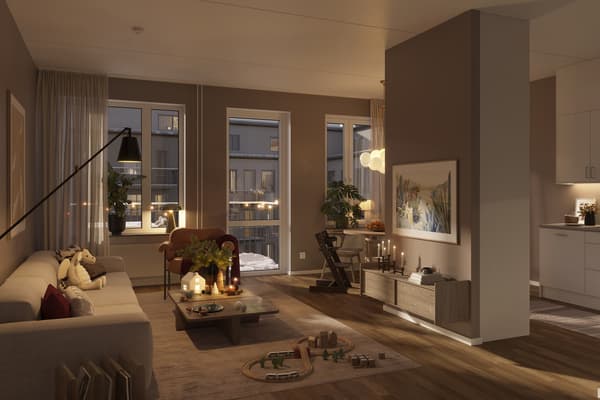 I Kungsliljan bygger vi nyproducerade lägenheter centralt beläget i populära Järvastaden. Ett modernt och barnvänligt kvarter intill skolor, förskolor och Mulle Meck lekpark (visionsbild).