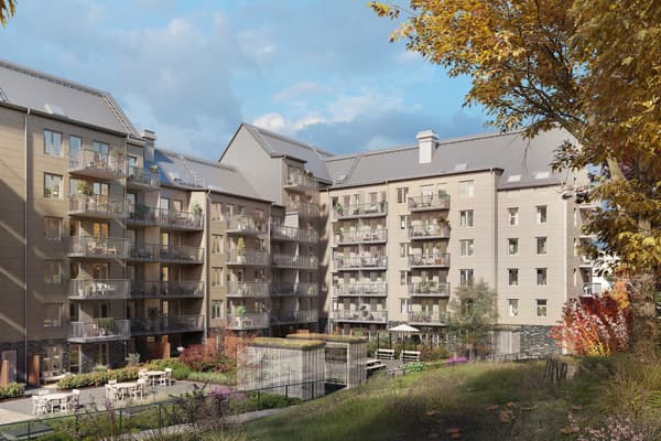 Älvsjö Entré ligger 800 meter från kommunikationer och shopping. Här bor du precis vid Kämpetorpsskolan och 250 meter från Solbergaskogen (visionsbild).