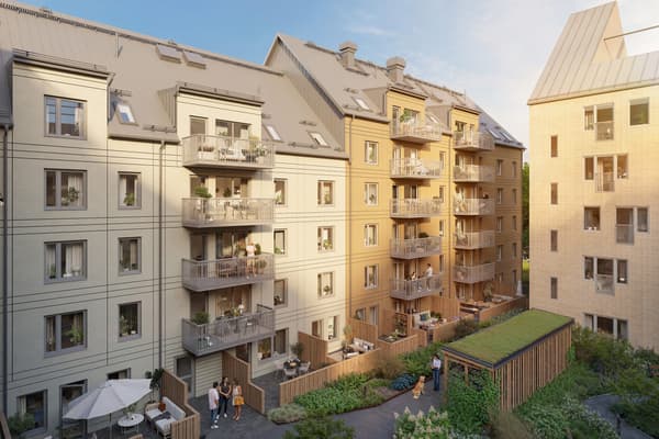 Lummig innergård i solnedgång.
