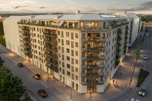 I kvarteret på Östra Ågatan, där Uppsalas innerstad möter det tidigare industriområdet, planeras moderna bostäder med ett centralt läge intill Fyrisån. Visionsbild.