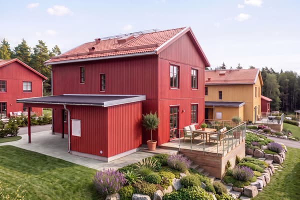 Några av villorna får upphöjda terrasser med glasräcke och kvällssol (foto).