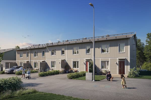 Illustrationsbild av radhuslänga med ett barn som hoppar hage framför.