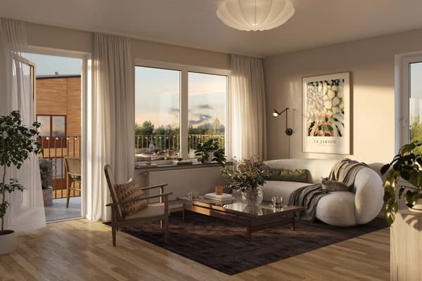 Vi planerar för ägarlägenheter nära vardagsservice i Skiljebo Centrum (visionsbild).