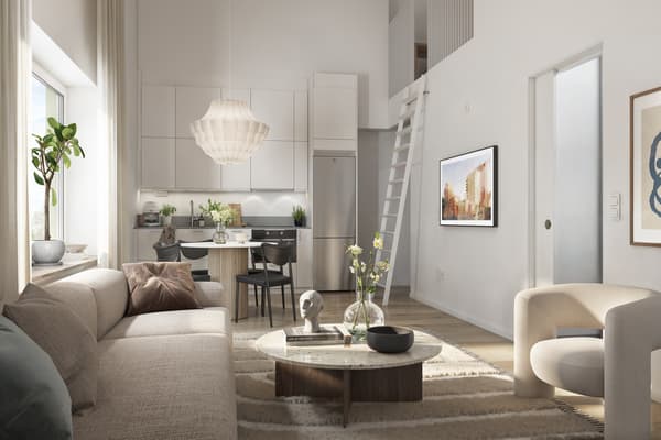 Smart och genomtänkt planering. En del av bostäderna kommer att få ett loft. Visionsbild bostad med loft.
