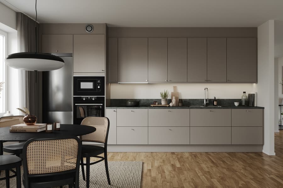 JM Original kök med släta luckor i urban stil i grått. 