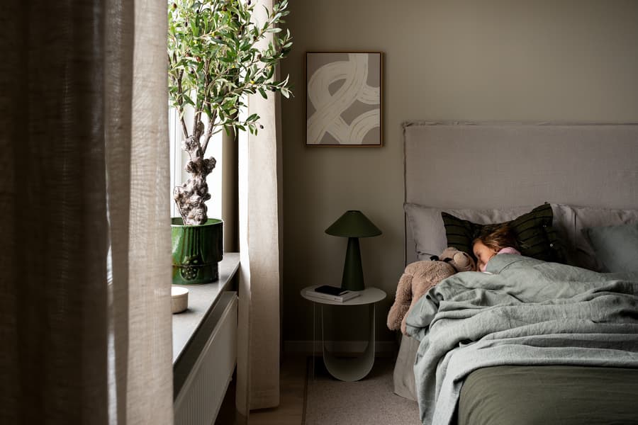 Barn sover i en dubbelsäng med sitt gosedjur i ett sovrum.