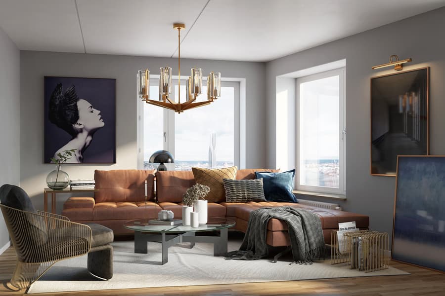 3D-interiör på ett vardagsrum i Kronjuvelen med utsikt över Eriksberg..