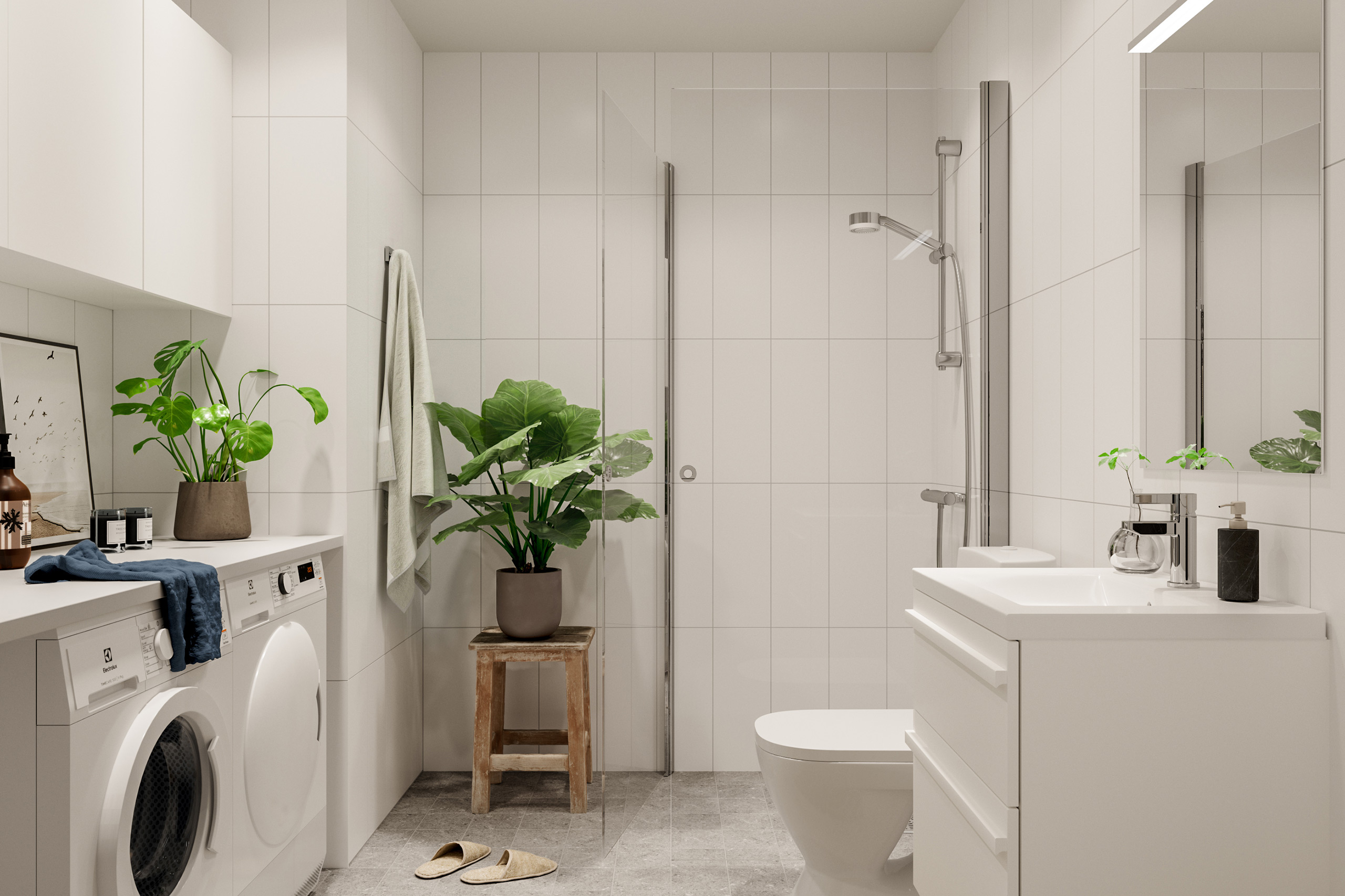Badrummet är helkaklat i grått och vitt med bra förvaring i väggskåp. I mindre lägenheter finns kombimaskin, större har tvättmaskin och torktumlare (visionsbild).