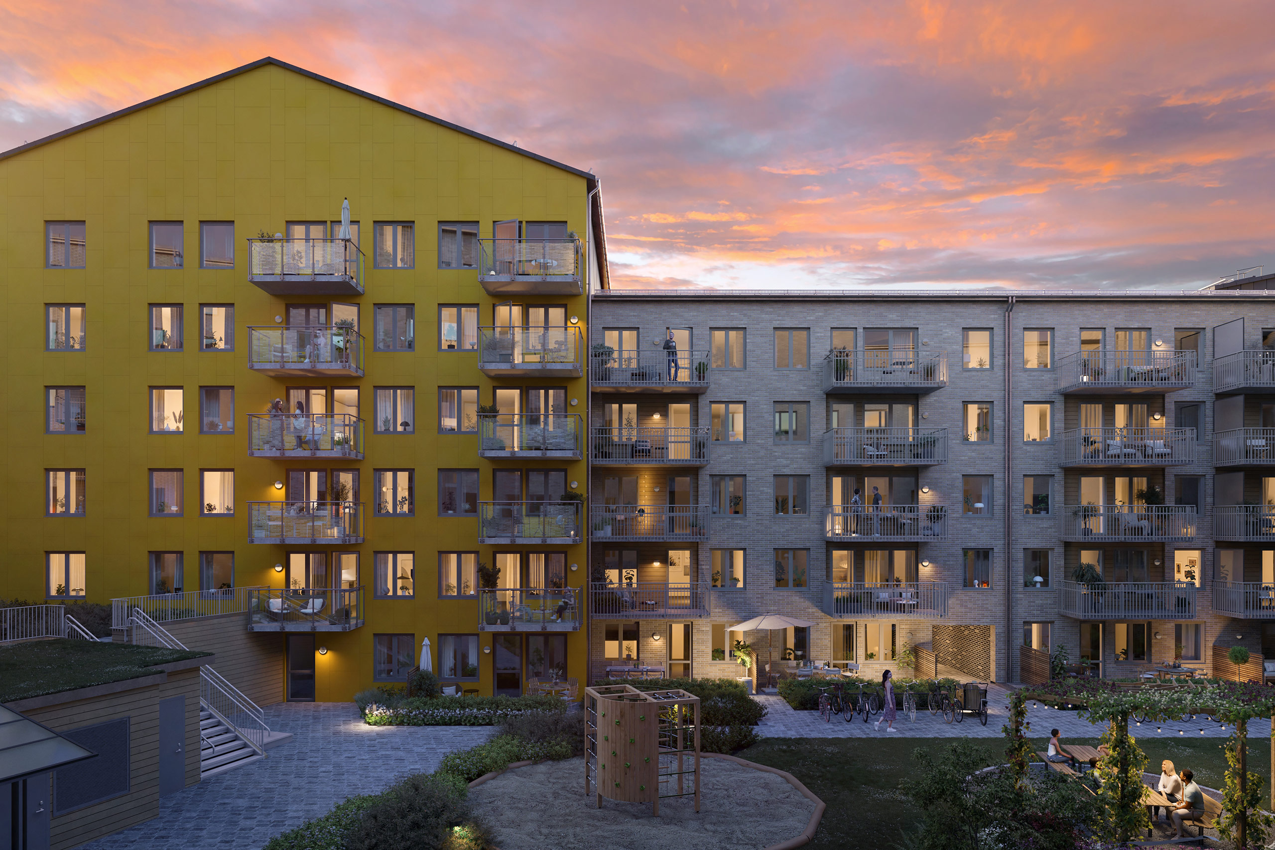 Kvarteret har en gemensam gård som blir en fin mötesplats för både barn och vuxna med sittplatser, lekytor och planteringar (visionsbild).