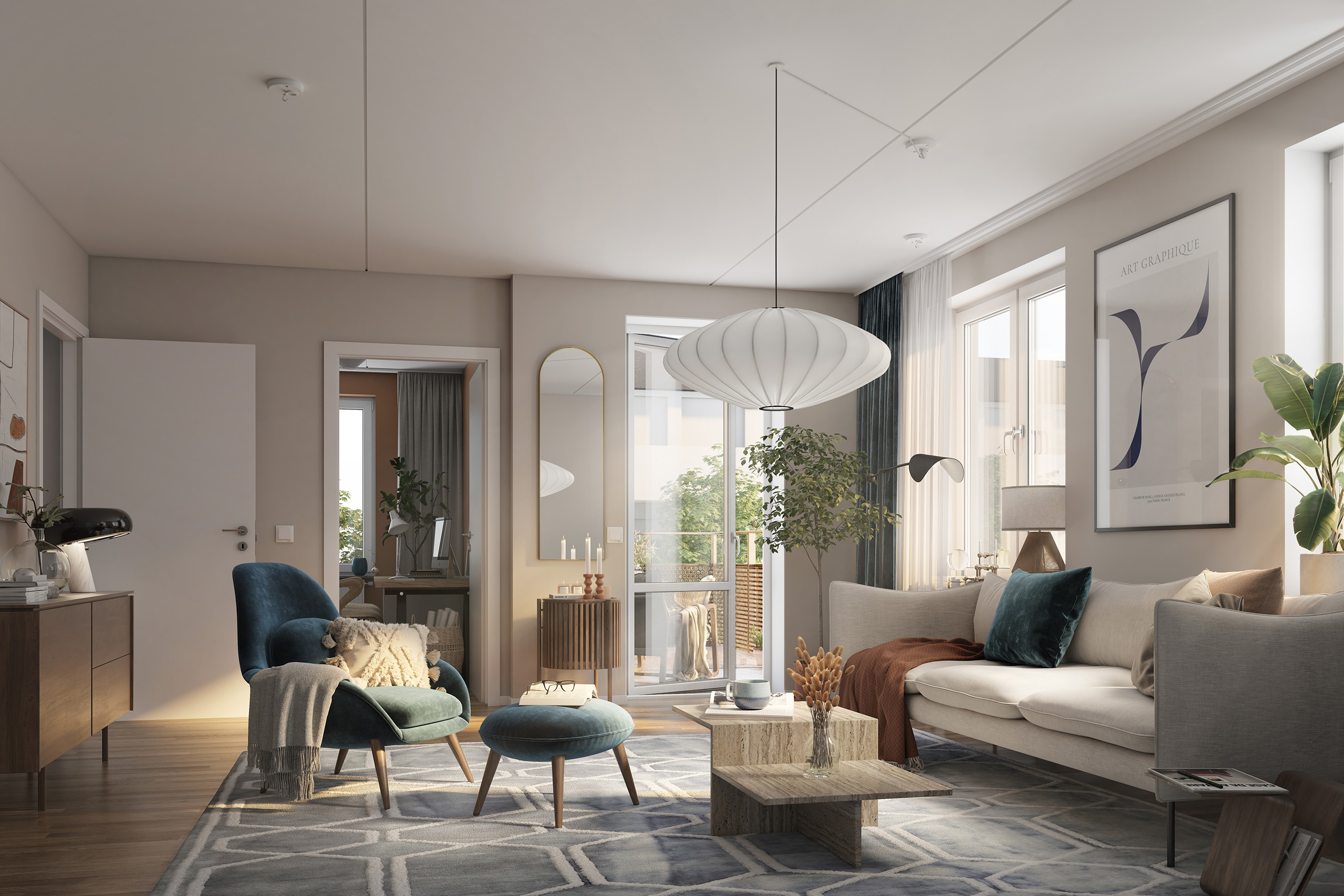 Visionsbild av ett vardagsrum i Mälarvyn. Visionsbild visar inte exakt planlösning av vald lägenhet.