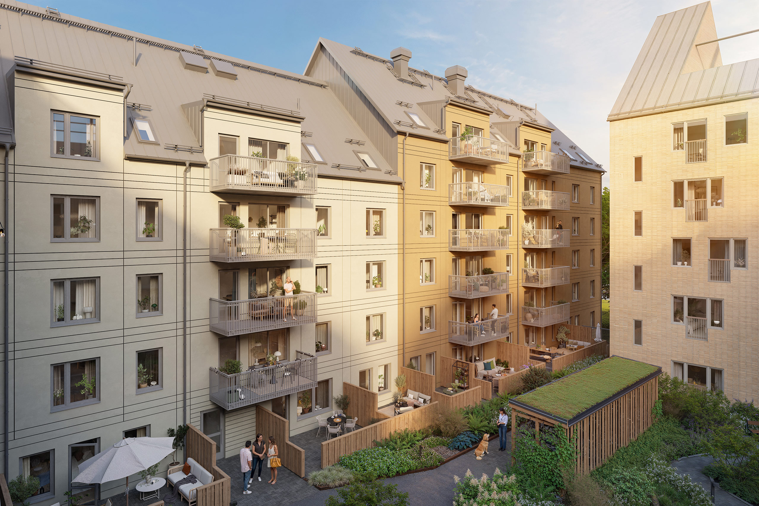 Här finns en fin innergård med planteringar och mötesplatser.