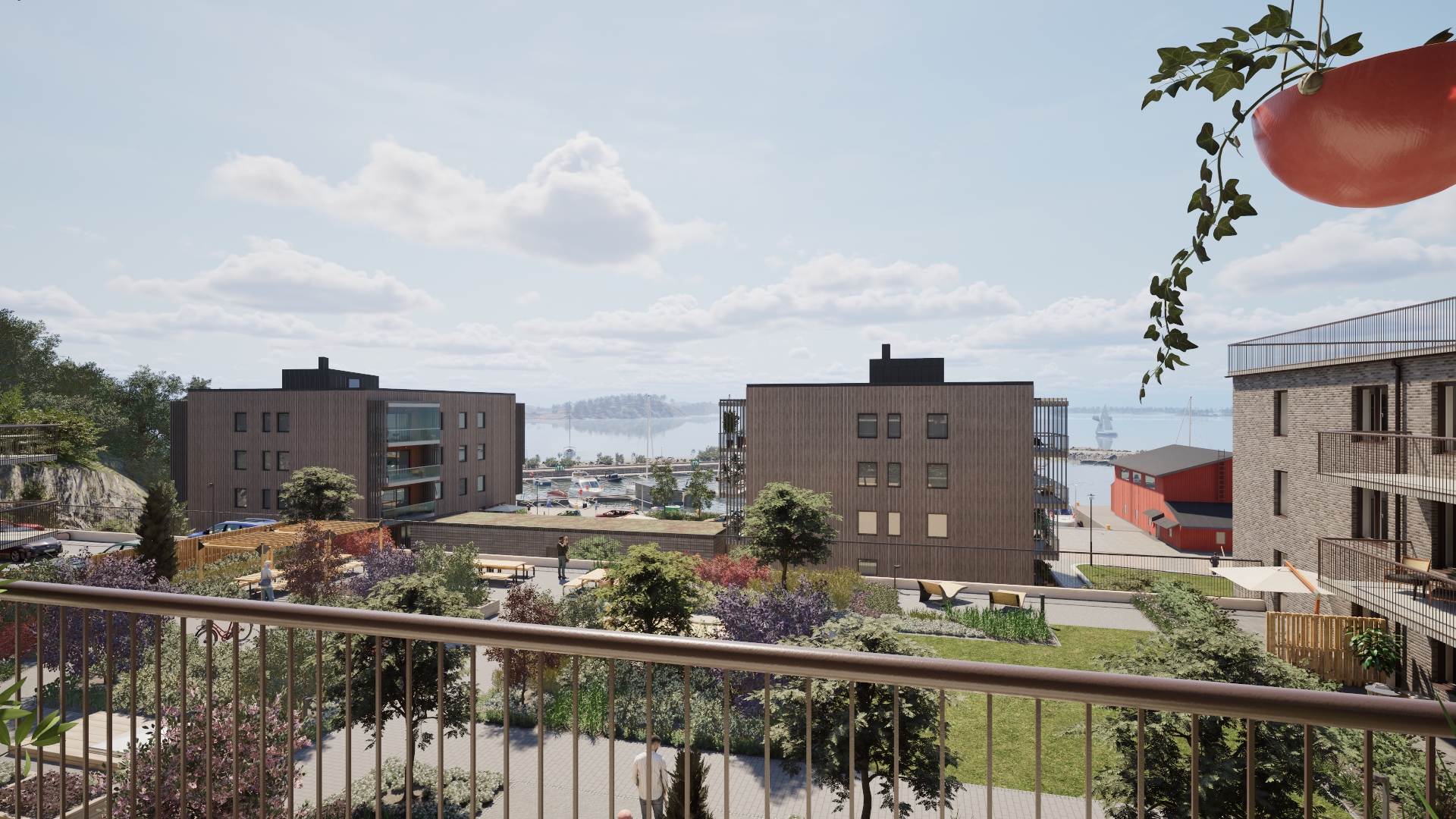 Utsikt från balkongen mot innergården och havet (visionsbild).