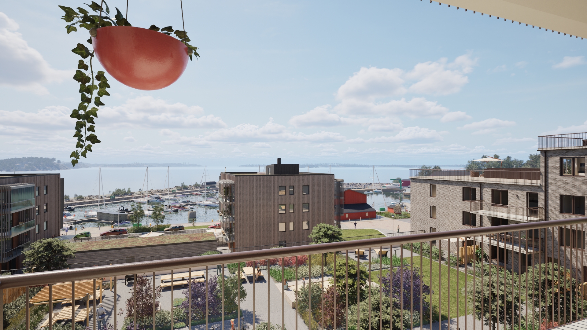 Utsikt från balkongen mot innergården och havet (visionsbild).