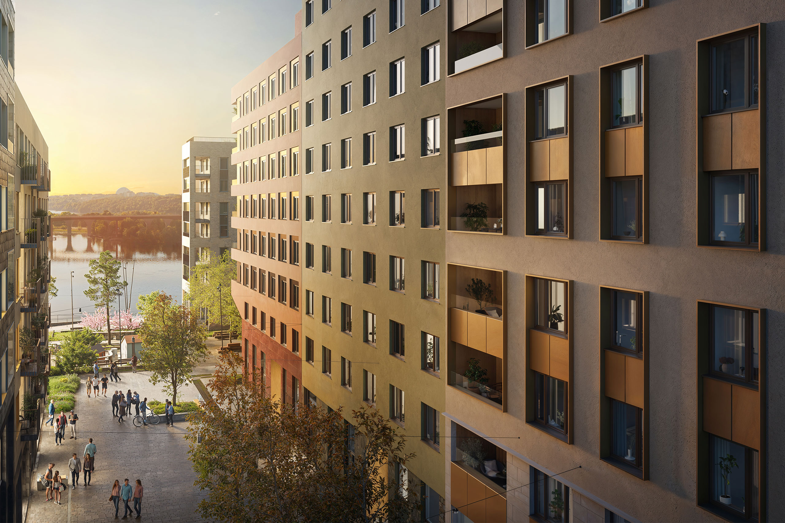 Här bor du 60 meter från Årstaviken med grönskande innergård och två takterrasser med utsikt över vattnet (visionsbild).