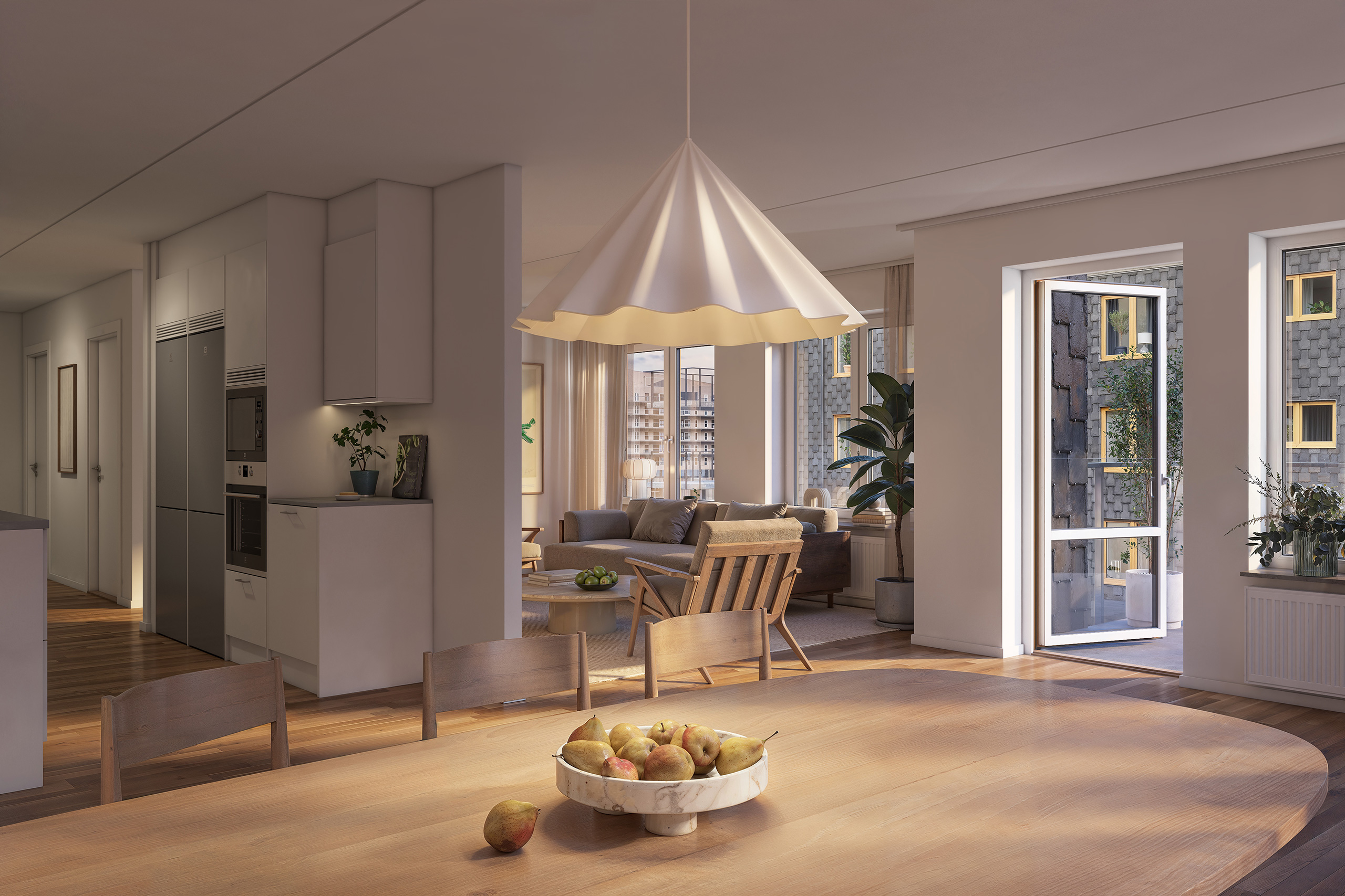 Bostäderna har öppen planlösning som skapar rymd och gott om utrymme för umgänge (visionsbild från kvarteret, avvikelser kan förekomma).