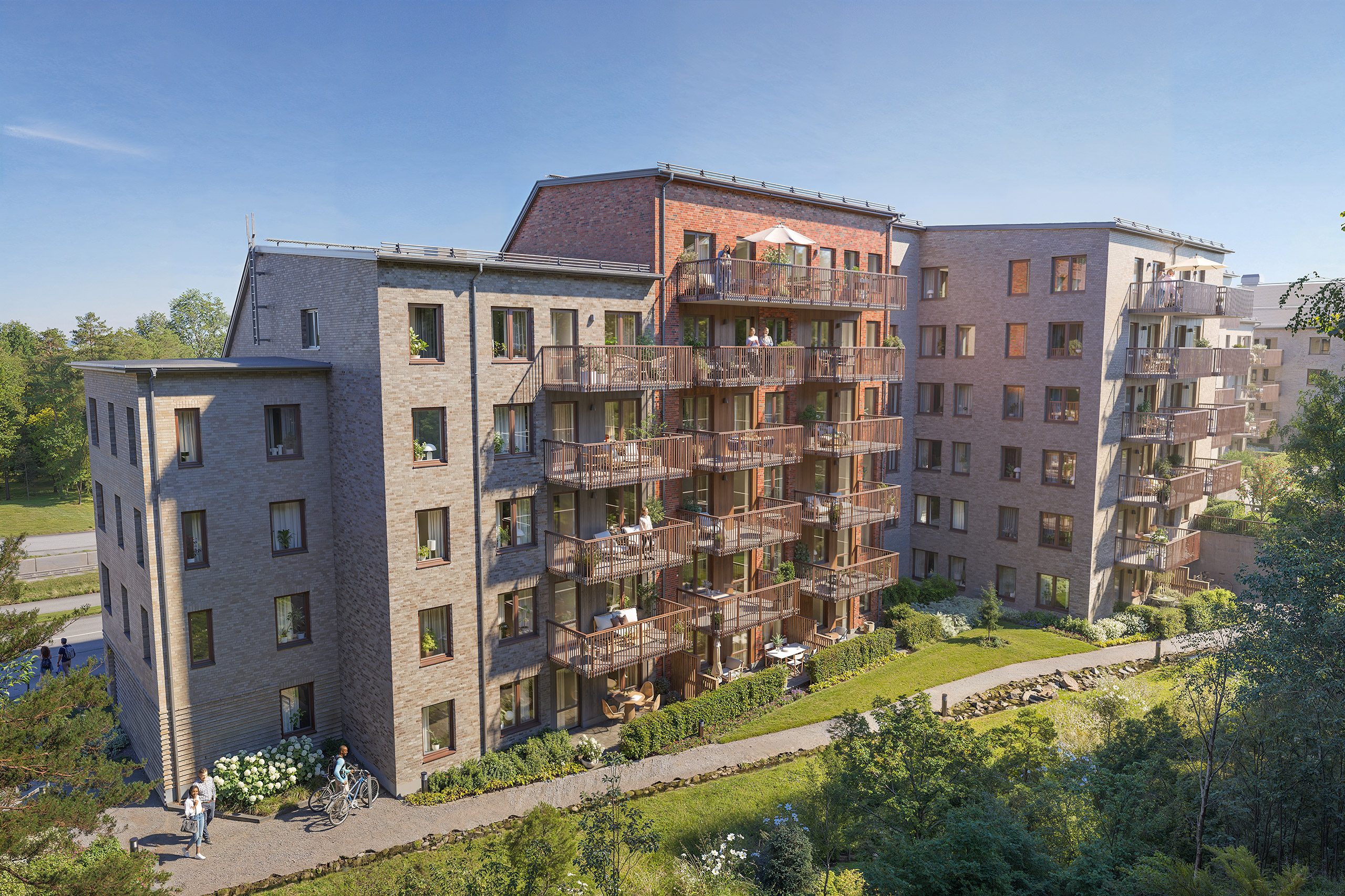 Den gemensamma innergården vetter mot väster och gränsar mot ett lummigt skogsområde (visionsbild).
