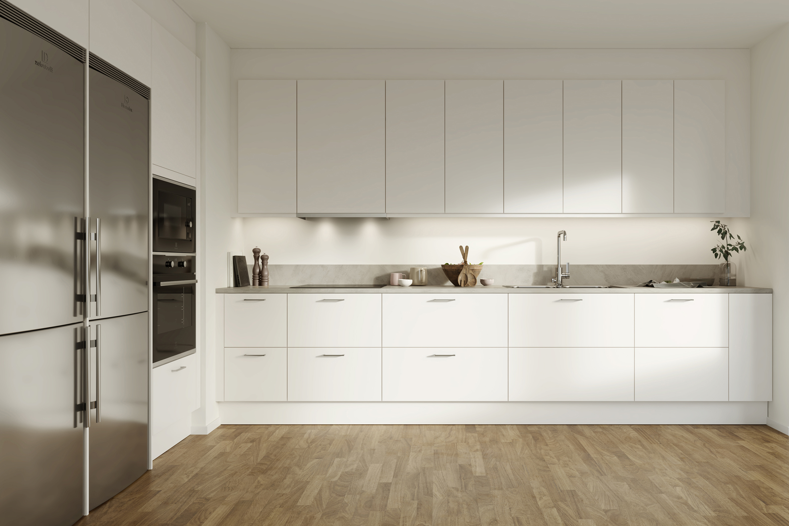 JM nyproduktion i Storängen, Huddinge. Alla kök får modern köksutrustning och öppen planlösning.