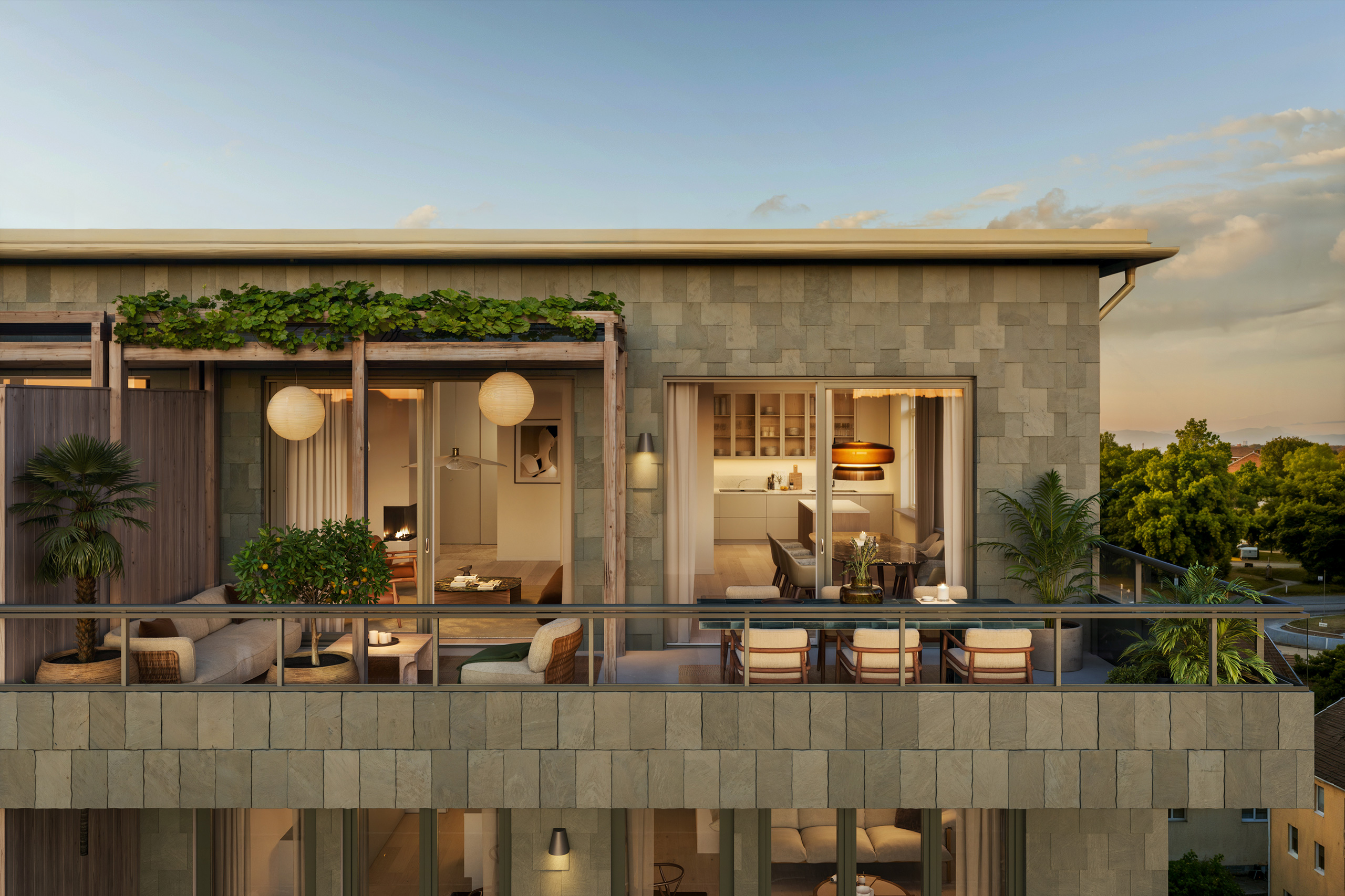 I Prisman blir terrassen en självklar del av hemmet 
med generösa ytor, pergola och utsikt över Stångån. Visionsbild.