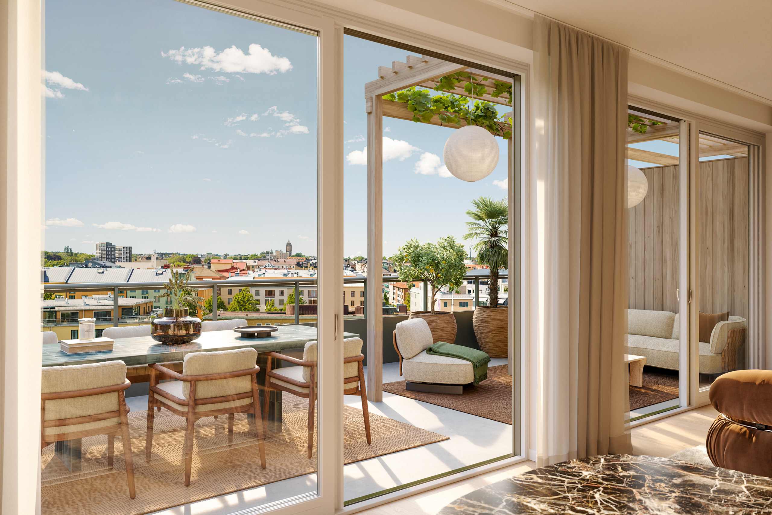 Våningen Prisman intar en särställning högst upp i huset med utsikt över Stångån. Visionsbild.