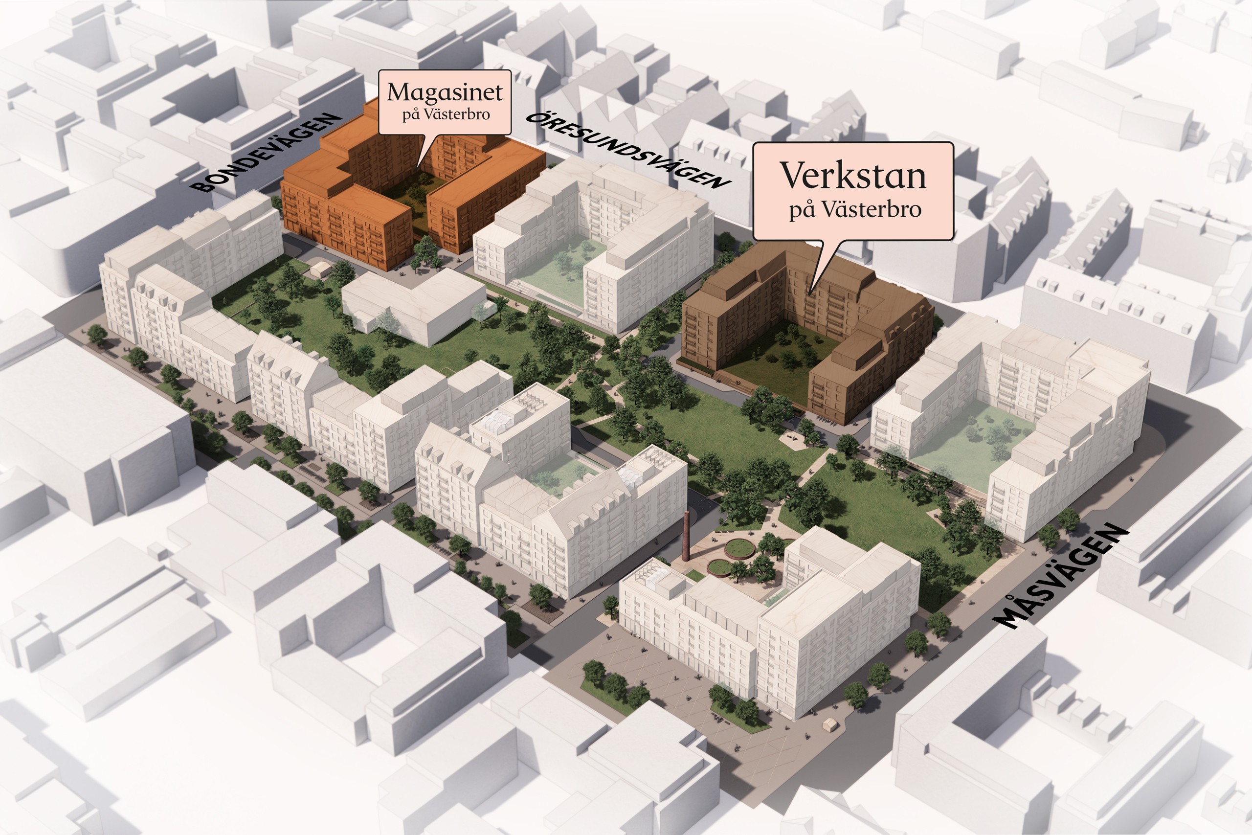 Tidig skiss över det nya bostadsområdet. JMs kvarter Verkstan samt Magasinet är markerat i bild.