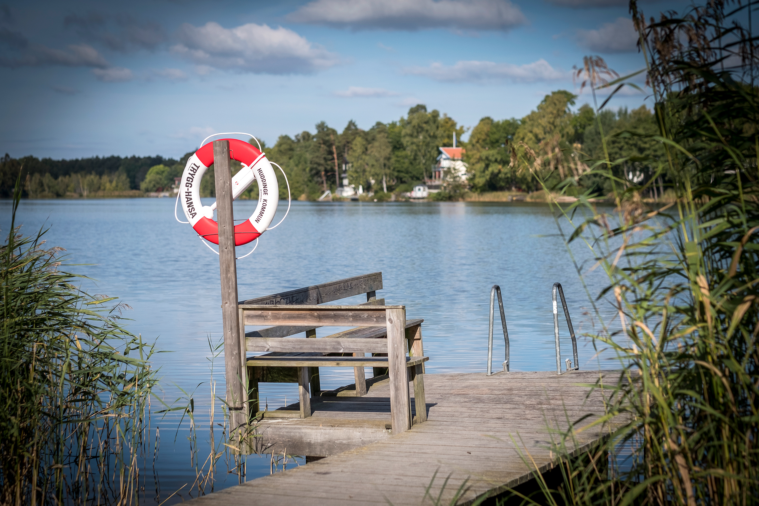 Träbrygga vid badsjö en solig sommardag.
