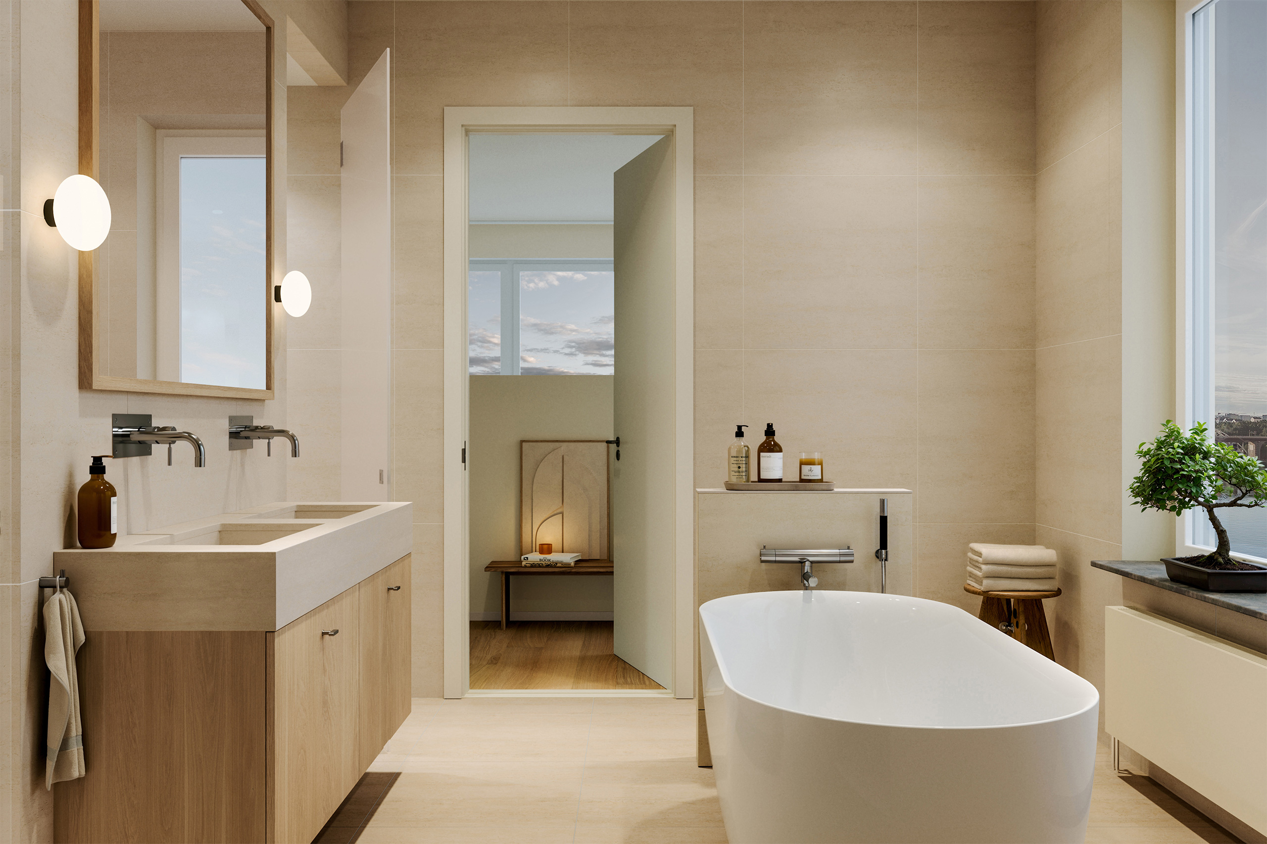 Ljust badrum klätt i beige Dekton med badkar och dubbelhandfat. 