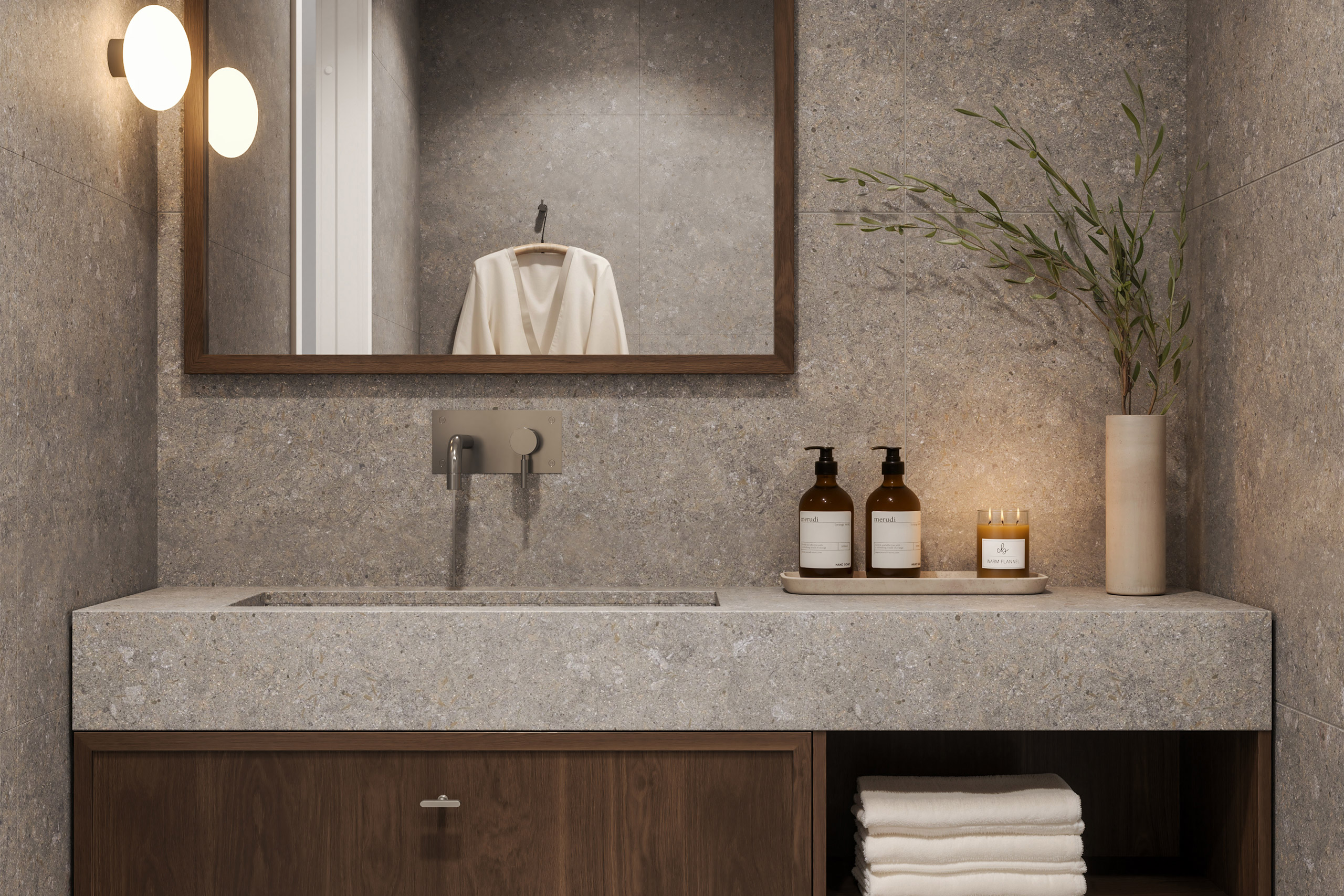 Badrum i grafitgrå Dekton och mörk kommod från Kvänum