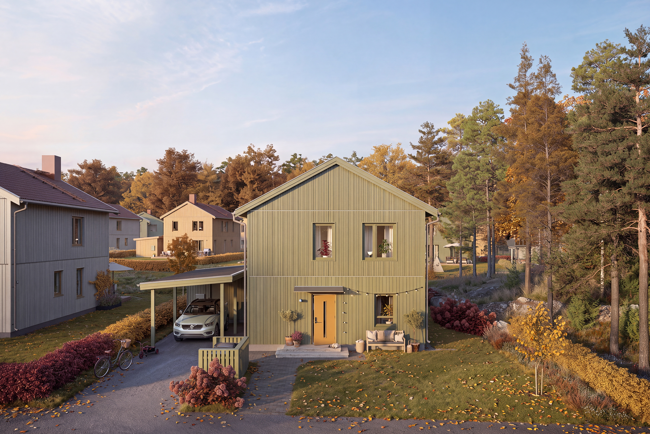 Villa Björken om 6 rum, 125 kvm. Visionsbilden har växtlighet modifierad av AI.