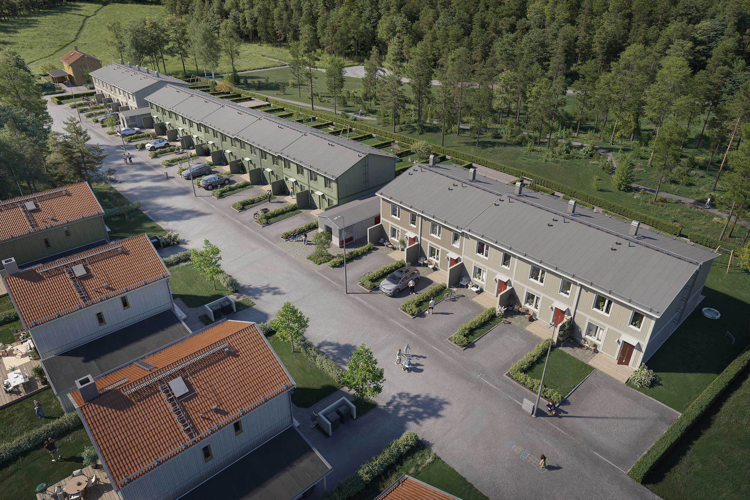 Radhuslängan om 20 radhus ovanifrån, uteplatserna vetter i väster mot ett grönområde.